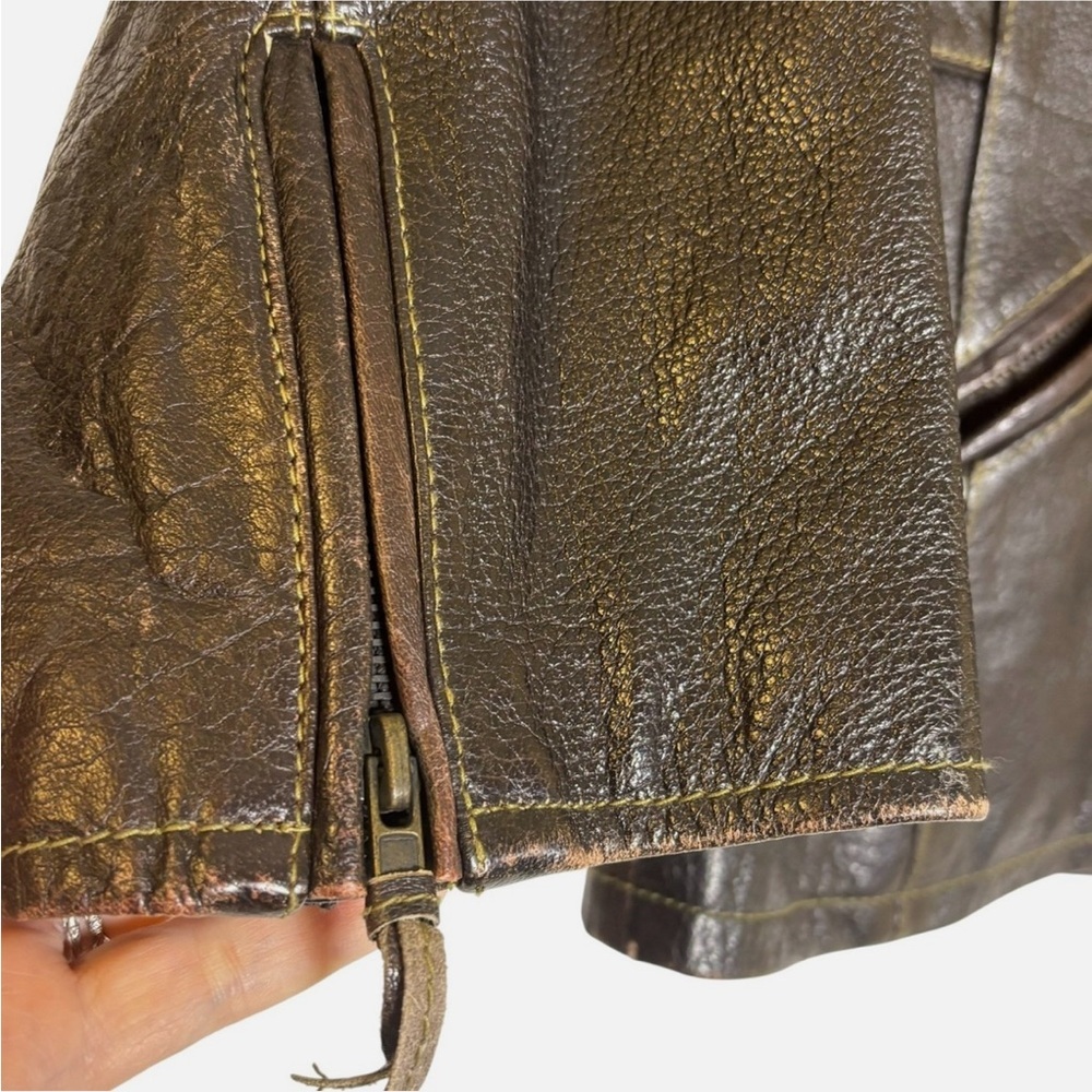 Rare Vintage 90s Brown Distressed Leather Jacket Women's M Moto Biker - Picture 3 of 15